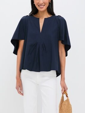 Tuckernuck Navy Flutter Sleeve V-Neck Blouse